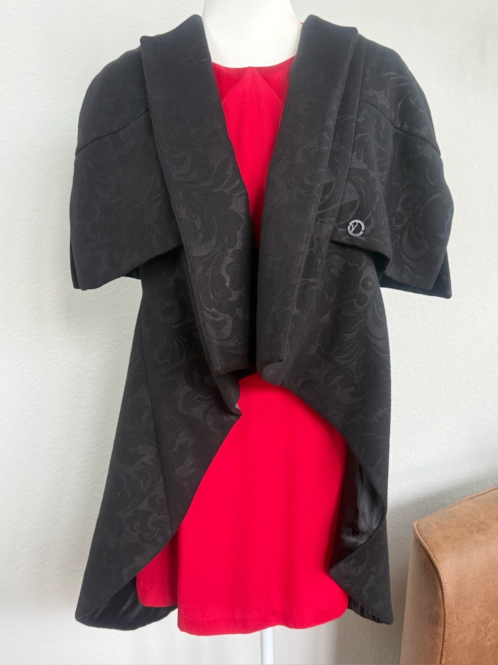 Paris Valtadoros V. Black Jacquard Asymmetric Cape Wrap Jacket Coat